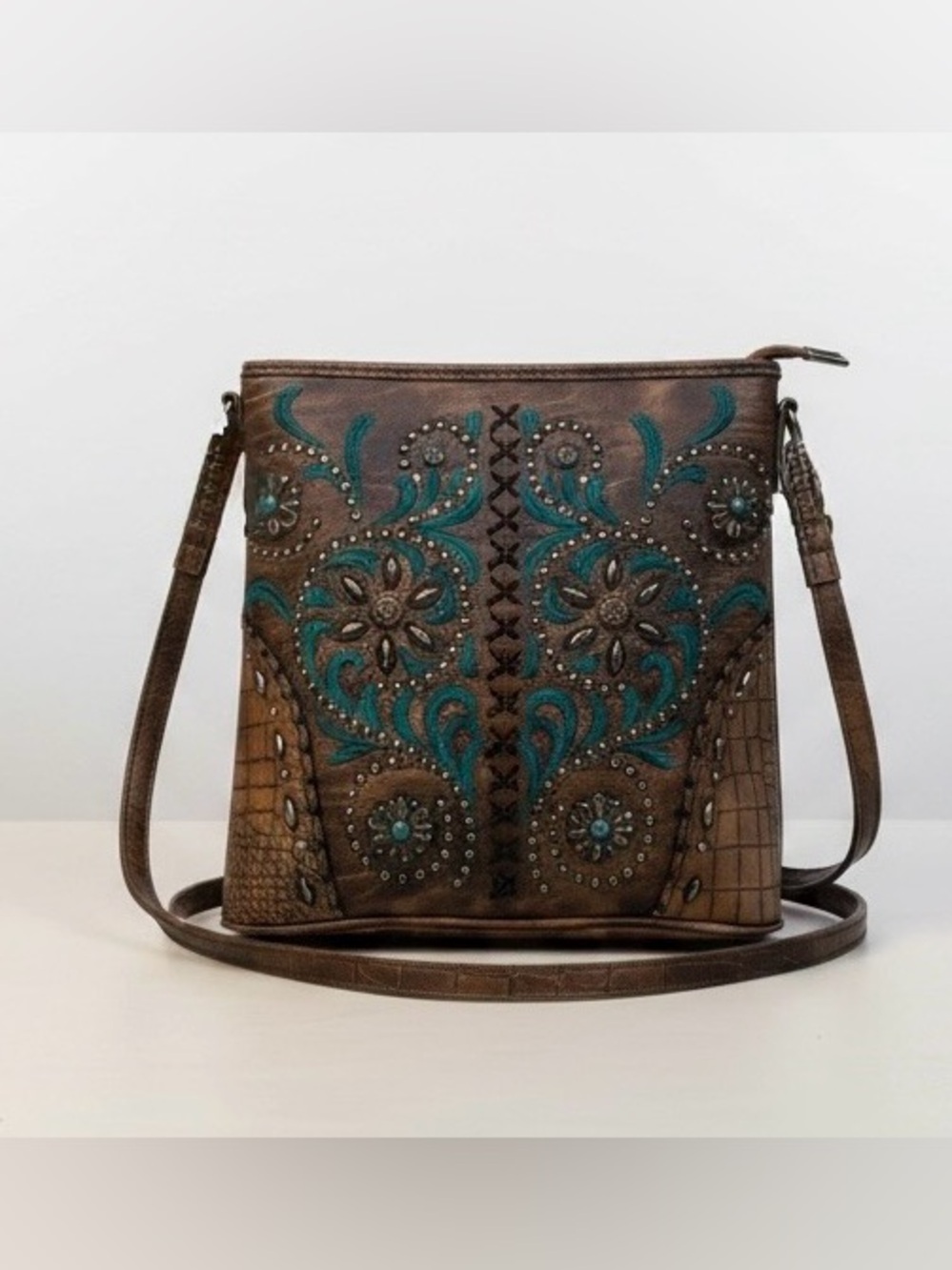 Montana West Western Crossbody Purse Brown Turquoise Embroidered Studded Bag